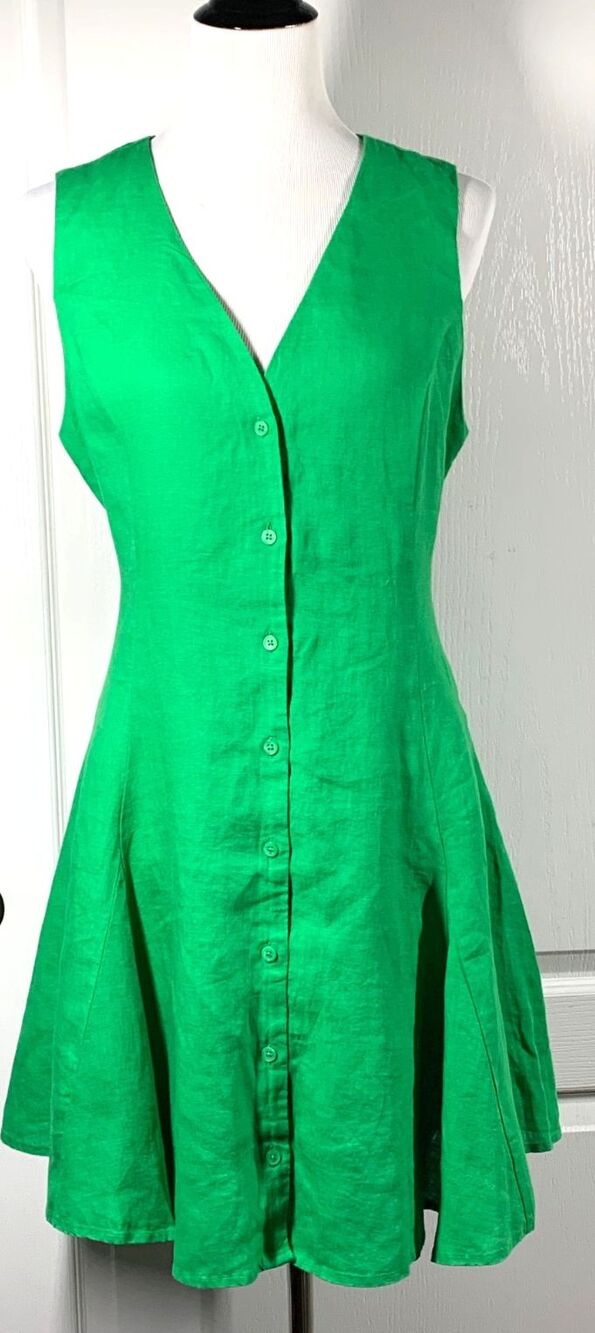 J. CREW Linen Mini Dress Size 12 Gem Green Tie Belt A-Line Sleeveless